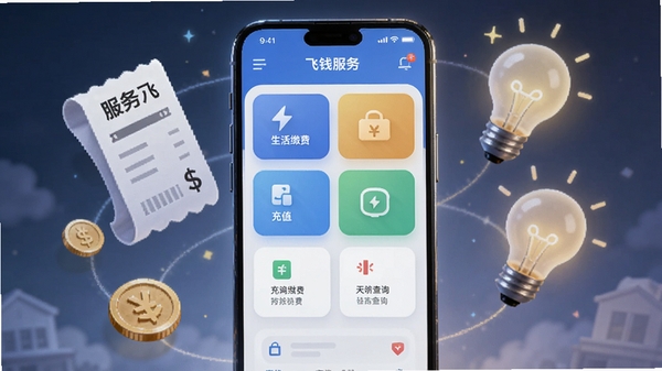 AI��ͼ��ʾ�ʣ���Ǯ����App���棬չʾ����ɷѡ���ֵ����ѯ�ȶ�����ܿ�Ƭ�������У��ֻ���Ļ������͹�â����Χ�����Ŵ�����������Ԫ�����˵���Ӳ�ҡ����ݣ�����ִ����