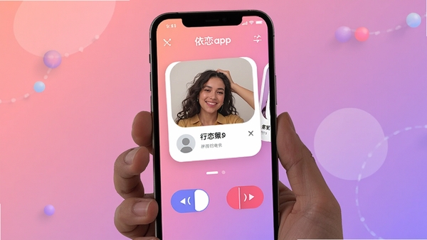 ����app�Ķ�ƥ�����չʾ���ֻ���Ļ����ʾ�û���Ƭ�����һ�����ť������Ϊ��͵ķ���ɫ���䣬��ܰ�罻��Χ