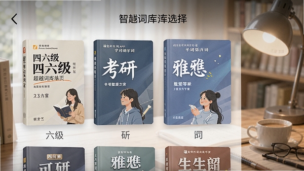 ��Խ�������ܴʿ�ѡ����棬չʾ�����������С���˼�ȴ�����棬AI��ͼ��ʾ�ʣ���Խ����APP�ʿ�ѡ��ҳ�棬�౾�����������У���͹�Ӱ��ѧϰ��ΧŨ��