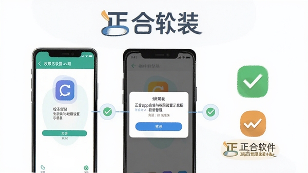 正合app安装与权限设置示意图,手机屏幕显示安装界面和权限管理弹窗,旁边有勾选和提示图标,背景简洁,突出正合软件名称和操作步骤