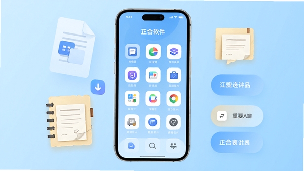 正合app主界面展示,手机屏幕中呈现简洁的工具聚合布局,图标整齐排列,背景为清爽的浅蓝渐变,周围环绕文件、笔记、快捷按钮等元素,整体风格现代简约,突出正合软件名称