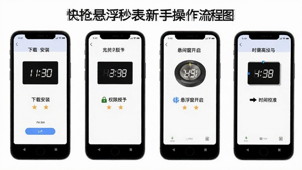快抢悬浮秒表新手操作流程图,展示下载安装、权限授予、悬浮窗开启、时间校准四个步骤,简洁明了的手机界面截图风格