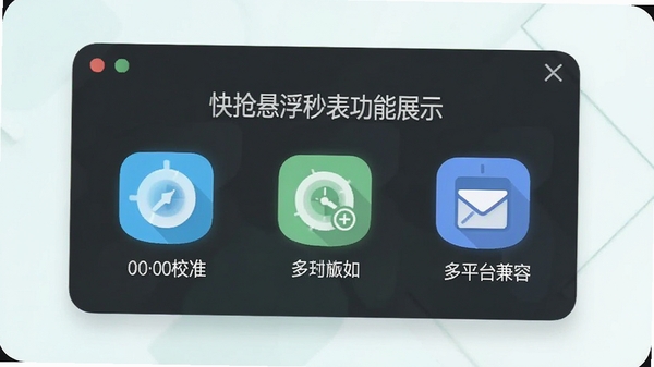 快抢悬浮秒表功能展示图,包含悬浮窗、时间校准、多平台兼容等核心功能图标,扁平化设计风格,清新配色