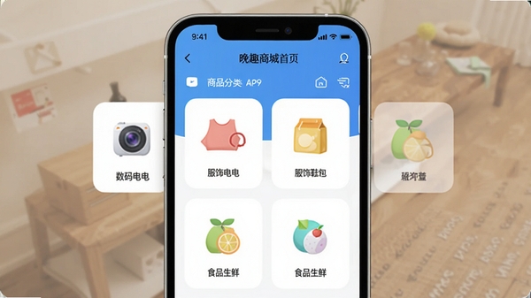 ��Ȥ�̳�App��ҳ��Ʒ���ർ�����棬չʾ����ҵ硢����Ь����ʳƷ���ʵ�ͼ�꣬�����ˬ����