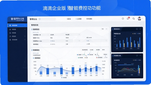滴滴企业版智能费控功能展示,管理后台设置用车规则界面,预算管控图表,数据可视化,商务蓝白风格