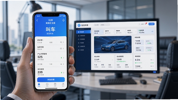 滴滴企业版APP界面展示,商务出行场景,手机屏幕显示用车叫车页面,企业费用管理后台数据看板,简洁现代风格,蓝白配色,高清科技感