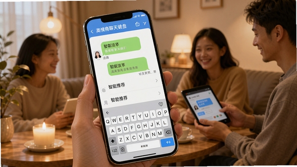 高情商聊天键盘软件界面展示,手机屏幕中显示智能回复推荐列表,背景为温馨的社交聊天场景,突出软件名称高情商聊天键盘,风格简洁现代