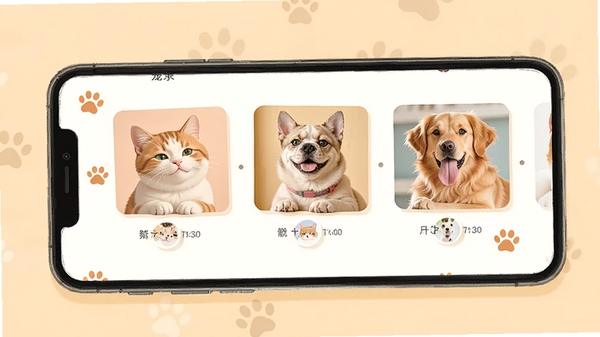����¼APP����չʾ���ֻ���Ļ����ʾ�ɰ���è��͹�����Ƭʱ���ᣬ������ů����ɫ����ƽ����Ʒ�񣬴��г���צӡͼ��
