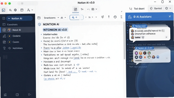 Notion AI�����������ͼ��չʾ���ܱʼǱ༭��AI���ֶԻ���壬�������ִ���������ɫ������ΪNotion AI v3.0