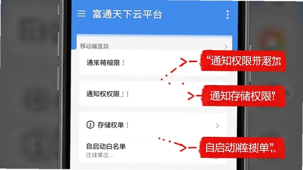 富通天下云平台移动端权限设置界面截图,标注通知权限、存储权限、自启动白名单三项关键设置,红色高亮提醒,手机界面清晰,辅助说明文字简洁