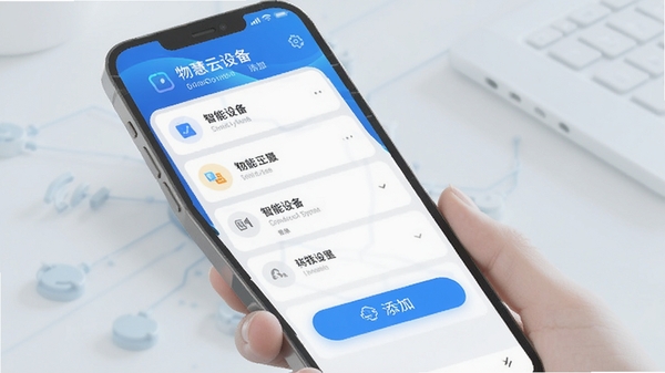 物慧云设备添加界面,手机屏幕显示智能设备列表和添加按钮,背景为科技蓝渐变,简洁现代风格