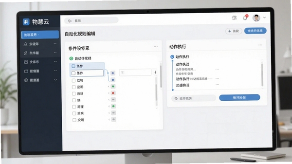 物慧云场景联动设置页面,展示自动化规则编辑界面,包含条件选择与动作执行模块,UI清晰