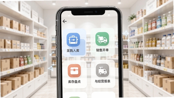识意进销存APP主界面功能展示,手机屏幕中显示采购入库、销售开单、库存盘点与经营报表四大模块图标,背景为简洁明亮的店铺货架场景,突出移动管账的便捷感