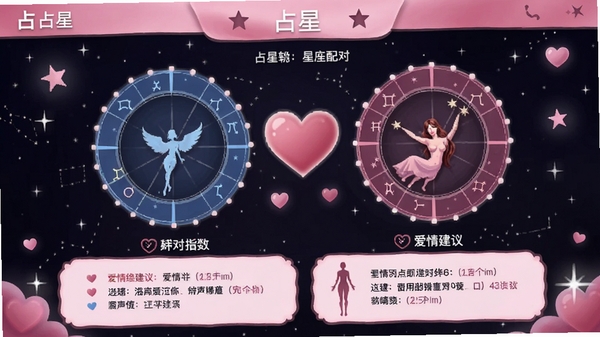 占星软件星座配对功能界面,展示两个星座之间的配对指数和爱情建议,粉色浪漫风格,带有爱心元素,软件名称为占星