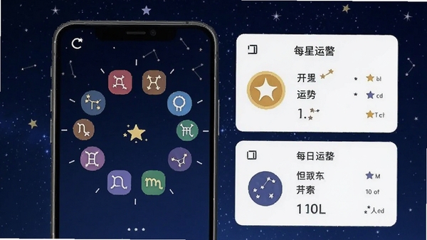 占星软件主界面展示,手机屏幕中呈现十二星座图标与每日运势卡片,背景为深蓝色星空,界面简洁美观,突出星座运势查询功能