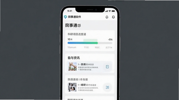院事通软件功能界面截图,展示科研项目进度条与资讯卡片,现代简约风格,手机屏幕样机展示