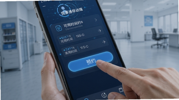 院事通移动端操作界面截图,展示用户正在点击预约按钮,界面清晰显示可用时间段,科技感蓝色调