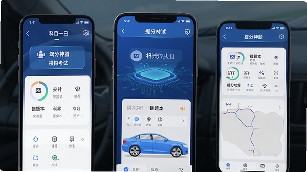科目一提分神器手机APP界面展示,驾考刷题软件主页面,模拟考试入口,错题本功能,蓝色科技感UI设计