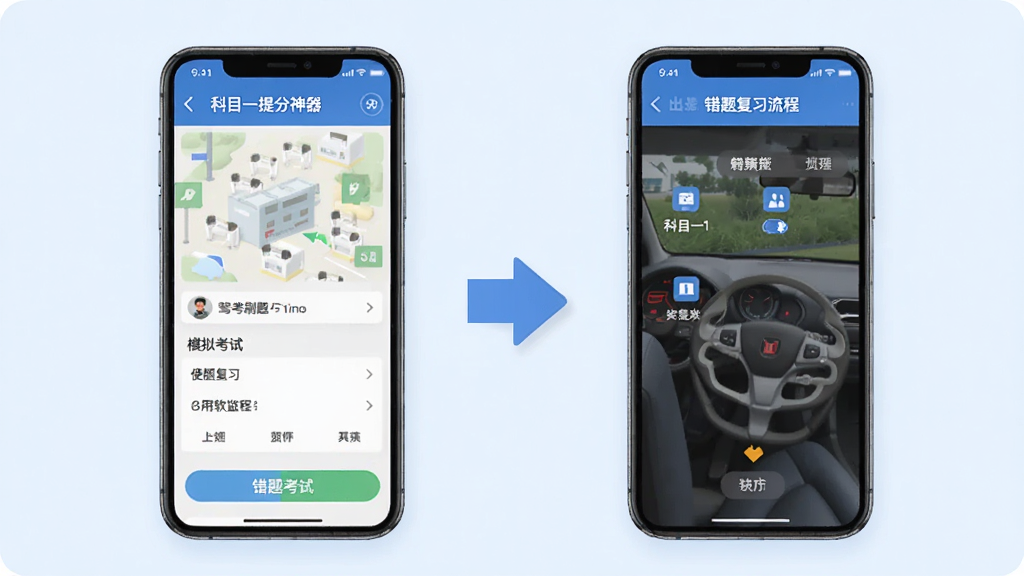 科目一提分神器驾考刷题软件使用教程示意图,手机屏幕展示模拟考试界面和错题复习流程