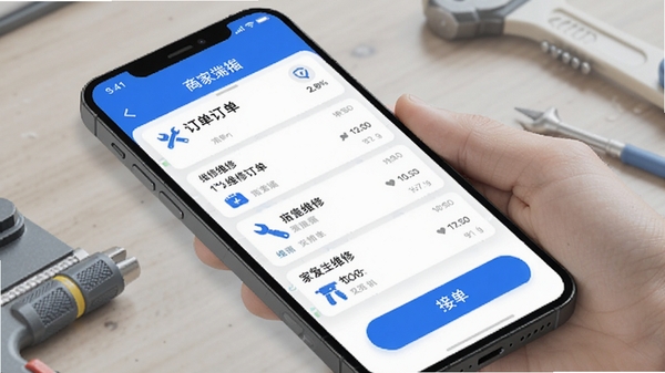 家庭维修服务平台商家端APP界面展示,手机屏幕显示维修订单列表和接单按钮,蓝色科技风格,维修工具图标点缀,干净整洁的UI设计