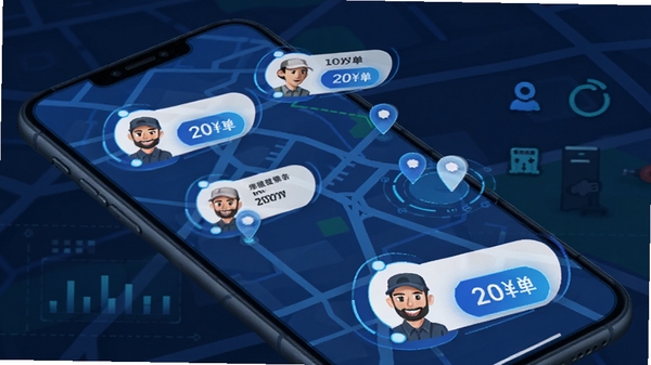 家庭维修服务平台商家端实时订单推送功能示意图,手机地图上显示多个维修订单标记点,师傅头像旁边有抢单按钮,科技感蓝色调