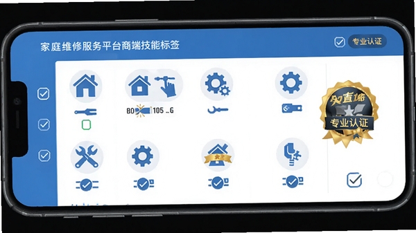 家庭维修服务平台商家端技能标签设置界面,手机屏幕展示多种维修技能图标和勾选状态,专业认证徽章,蓝色扁平化设计