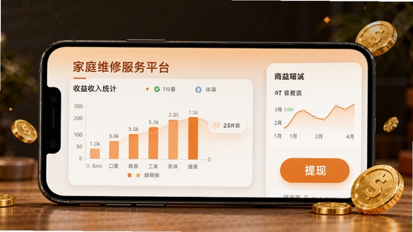 家庭维修服务平台商家端收益结算页面,手机显示收入统计图表和提现按钮,金币元素点缀,温暖橙色调