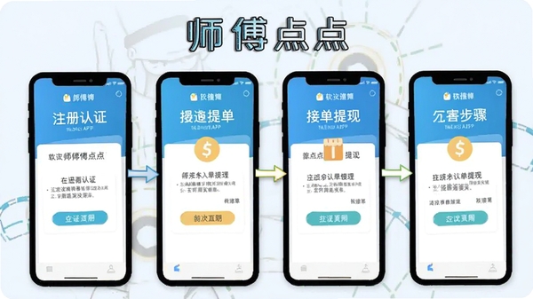 师傅点点APP新手操作流程图,展示注册认证接单提现四个步骤,手机界面截图风格,软件名称师傅点点在图中标注