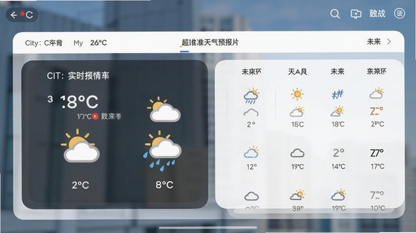 超准天气预报软件主界面截图,展示城市实时温度、天气图标和未来一周预报,界面简洁清新