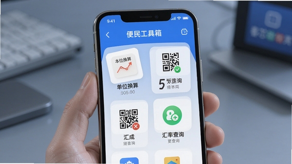 春芯软件功能展示图,手机屏幕中展示便民工具箱界面,包含单位换算、汇率查询、二维码生成等图标,界面清爽无广告,突出本地数据管理功能,科技感与实用性结合