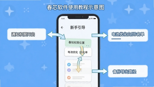 春芯软件使用教程示意图,手机屏幕展示新手引导界面,标注通知权限开启位置、电池优化白名单设置、备份导出路径,步骤清晰,配有箭头指示,扁平化教学风格