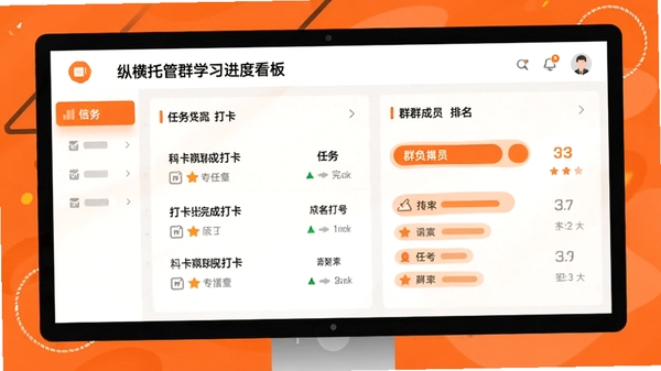 纵横托管群学习进度看板界面,显示打卡任务完成情况与群成员排名,公考学习场景,扁平化设计,活力橙色点缀