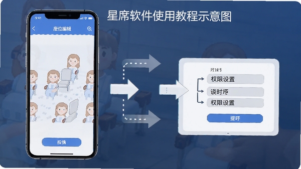 星席软件使用教程示意图,手机屏幕显示座位编辑界面和权限设置提示,简洁明了的操作指引风格,应用功能演示图