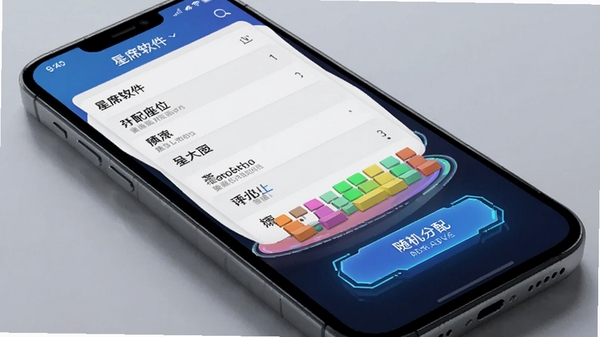 星席软件随机分配座位功能演示,手机屏幕显示名单列表和随机分配按钮,座位以彩色方块呈现,界面简洁明快,科技感十足的应用操作截图