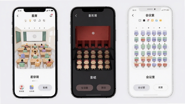 星席软件多场景座位模板展示,手机屏幕呈现教室、影院、会议室三种不同布局的座位图,色彩柔和,界面干净整洁,应用功能截图