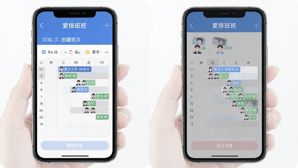 爱排班手机端排班操作步骤截图,展示创建班次和拖拽员工排班的界面,清晰直观