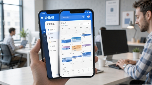 爱排班软件智能排班界面展示,手机屏幕显示多门店排班日历,蓝色主题风格,现代办公场景
