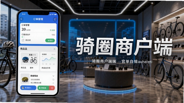 骑圈商户端APP官方宣传图,展示手机界面上的订单管理、商品列表和数据报表功能,背景为现代骑行店铺场景,色彩明亮科技感强,软件名称骑圈商户端醒目展示