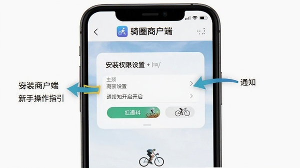 骑圈商户端新手操作指引图,手机屏幕显示安装权限设置界面和通知开启步骤,配有箭头标注,背景简洁白色,软件名称骑圈商户端在顶部显示