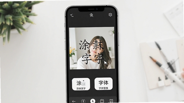 改字修图王软件界面展示,手机屏幕上显示图片文字编辑功能,清新简洁的UI设计,展示涂抹改字、字体替换等核心功能入口