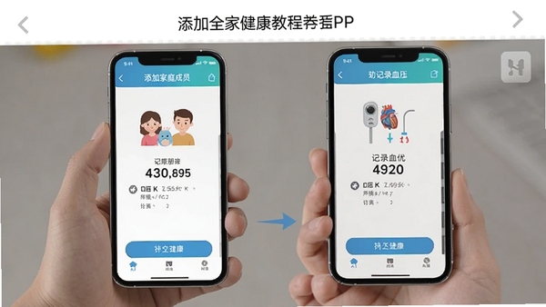 全家健康APP在手机上的使用教程截图,展示添加家庭成员和记录血压的步骤,手机屏幕画面,简洁明了的操作指引