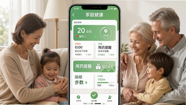 全家健康软件界面展示,家庭健康管理APP首页截图,包含血压记录、用药提醒、运动步数等功能模块,清新绿色调,温馨家庭氛围