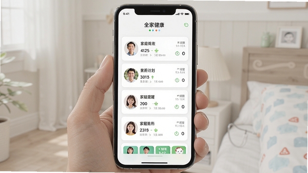 全家健康APP用药提醒功能界面,显示多个家庭成员的用药计划和提醒时间,手机屏幕展示,简洁清晰