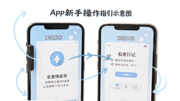 回应App新手操作指引示意图,手机屏幕展示匿名发布和私密日记的操作步骤,配有简洁的箭头标注和文字说明,整体风格清新明亮