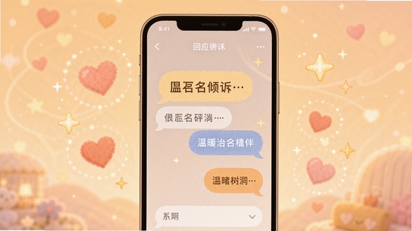回应App温暖治愈的匿名倾诉界面,柔和的暖色调背景,手机屏幕显示温馨的对话气泡,周围环绕着爱心和星光元素,突出匿名陪伴和情绪树洞的产品特色