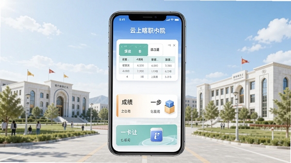 云上喀职APP主界面功能展示,手机屏幕显示课表、成绩、一卡通等模块,喀什职业技术学院校园背景,明亮清新风格