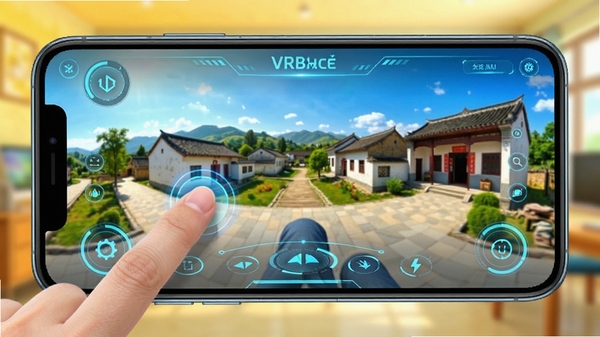VR全景家乡全景漫游功能演示,用户手指在手机屏幕上滑动旋转视角,画面中呈现家乡全景场景,科技感UI界面,明亮色调