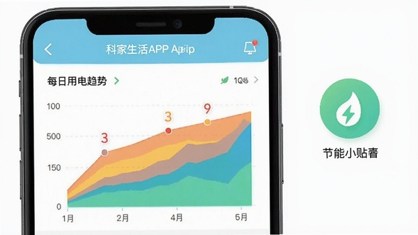 科家生活APP能耗统计页面,彩色图表展示每日用电趋势,手机界面简洁清晰,旁边有节能小贴士图标