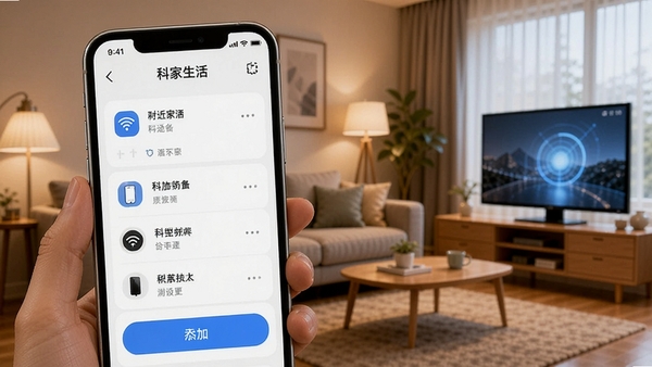 科家生活APP智能设备连接界面,手机屏幕显示附近设备列表和添加按钮,背景为温馨家庭客厅,科技感与生活感融合
