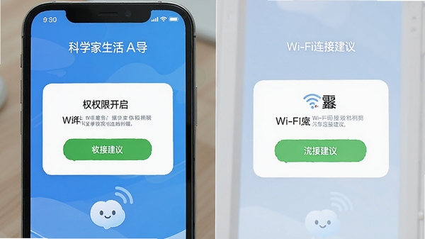 科家生活APP新手设置引导页面,手机屏幕展示权限开启提示和Wi-Fi连接建议,界面友好易懂